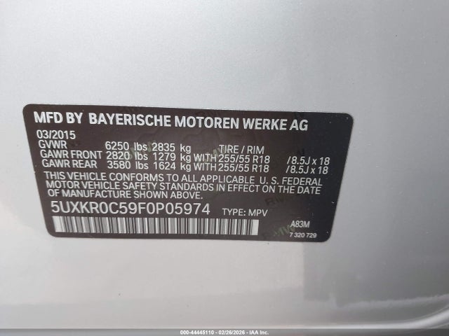 44445110 :رقم المزاد ، 5UXKR0C59F0P05974 vin ، 2015 Bmw X5 Xdrive35i مزاد بيع