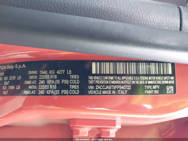 44445204 :رقم المزاد ، ZACCJABT9FPB40722 vin ، 2015 Jeep Renegade Latitude مزاد بيع