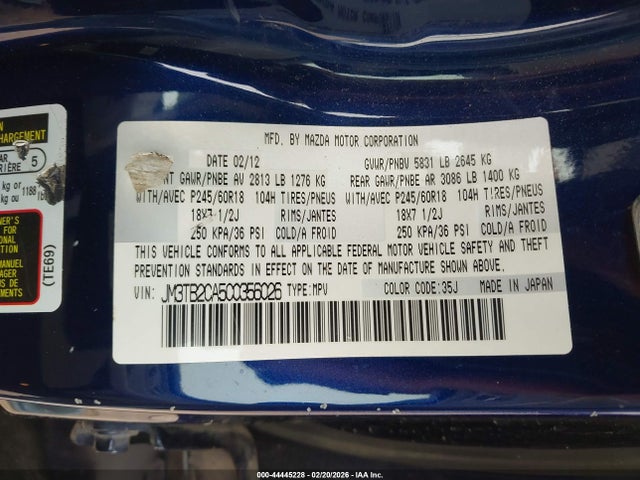 Aukcja sprzedaży 2012 Mazda Cx-9 Touring, vin: JM3TB2CA5C0356026, numer aukcji: 44445228