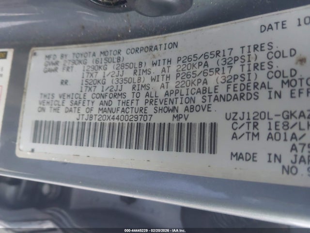 Продаж на аукціоні авто 2004 Lexus Gx 470, vin: JTJBT20X440029707, номер лоту: 44445229