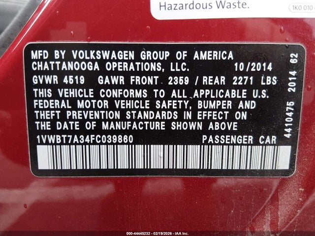 1VWBT7A34FC039860 Volkswagen Passat 1.8t Se