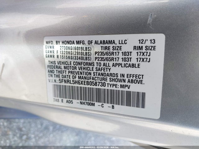5FNRL5H6XEB058730 Honda Odyssey Ex-l