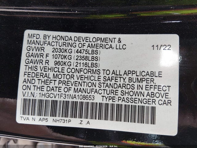 2022 HONDA ACCORD 1HGCV1F31NA108653 Photo 8