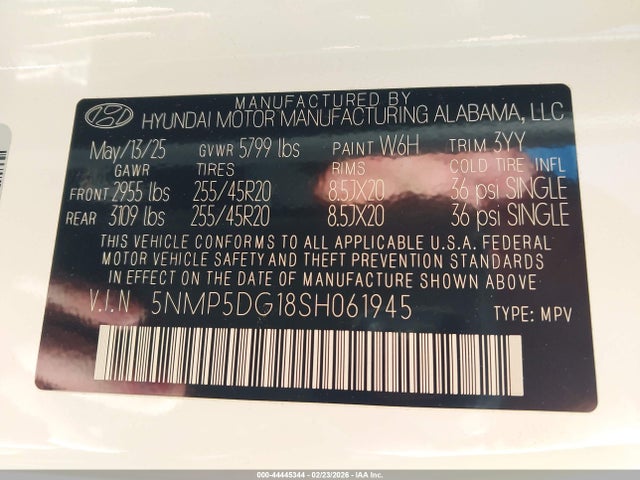 Aukcja sprzedaży 2025 Hyundai Santa Fe Hybrid Calligraphy, vin: 5NMP5DG18SH061945, numer aukcji: 44445344