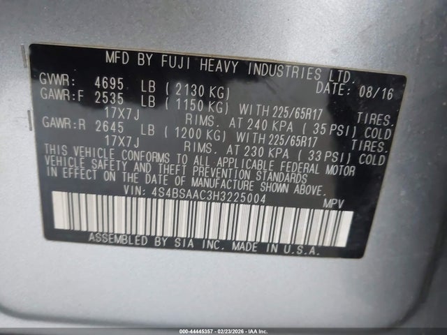 2017 Subaru Outback 2.5i მანქანა იყიდება აუქციონზე, vin: 4S4BSAAC3H3225004, აუქციონის ნომერი: 44445357