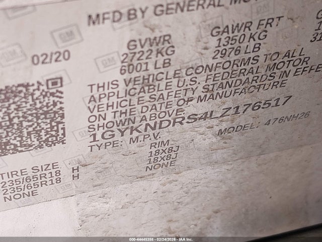44445358 :رقم المزاد ، 1GYKNDRS4LZ176517 vin ، 2020 Cadillac Xt5 Awd Premium Luxury مزاد بيع