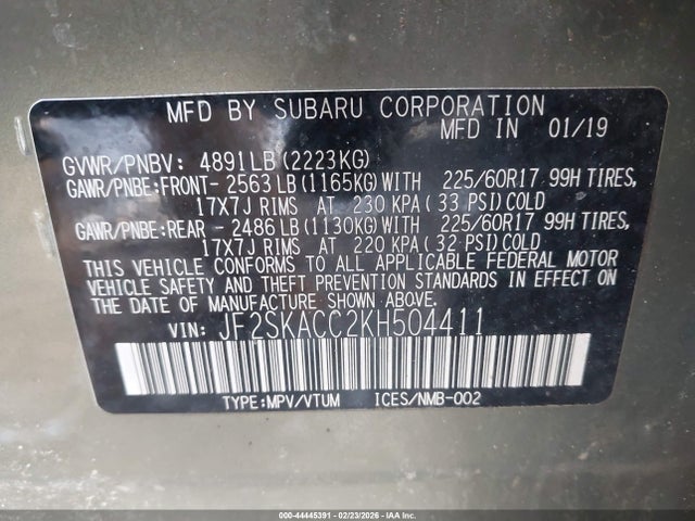 Aukcja sprzedaży 2019 Subaru Forester, vin: JF2SKACC2KH504411, numer aukcji: 44445391