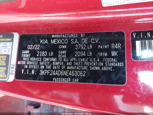 3KPF24AD6NE463062 KIA Forte Lxs