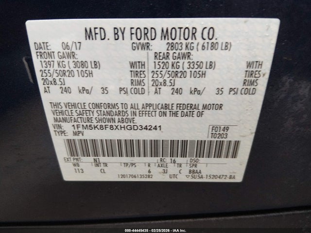 44445435 :رقم المزاد ، 1FM5K8F8XHGD34241 vin ، 2017 Ford Explorer Limited مزاد بيع