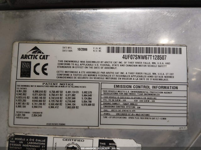 Aukcja sprzedaży 2007 Arctic Cat Snowmobile, vin: 4UF07SNW67T128507, numer aukcji: 44445436