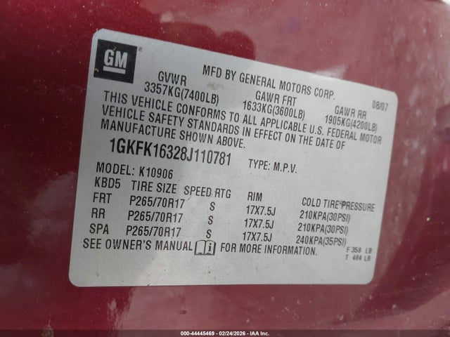2008 Gmc Yukon Xl 1500 Slt მანქანა იყიდება აუქციონზე, vin: 1GKFK16328J110781, აუქციონის ნომერი: 44445469