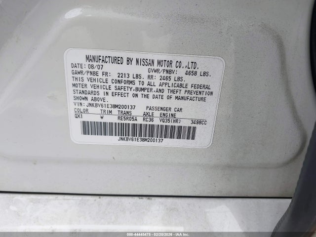 44445475 :رقم المزاد ، JNKBV61E38M200137 vin ، 2008 Infiniti G35 Journey مزاد بيع