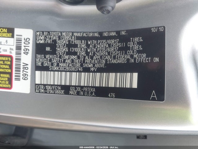 Aukcja sprzedaży 2011 Toyota Sienna Le V6, vin: 5TDKK3DC2BS083746, numer aukcji: 44445506