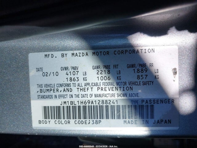 2010 Mazda Mazda3 S Grand Touring მანქანა იყიდება აუქციონზე, vin: JM1BL1H69A1288241, აუქციონის ნომერი: 44445549