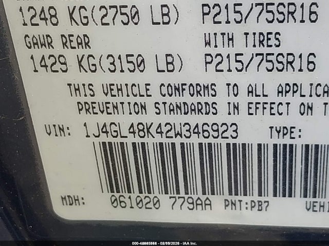 44445564 :رقم المزاد ، 1J4GL48K42W346923 vin ، 2002 Jeep Liberty Sport مزاد بيع