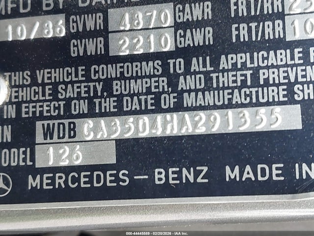 44445589 :رقم المزاد ، WDBCA35D4HA291355 vin ، 1987 Mercedes-benz 420 Sel مزاد بيع