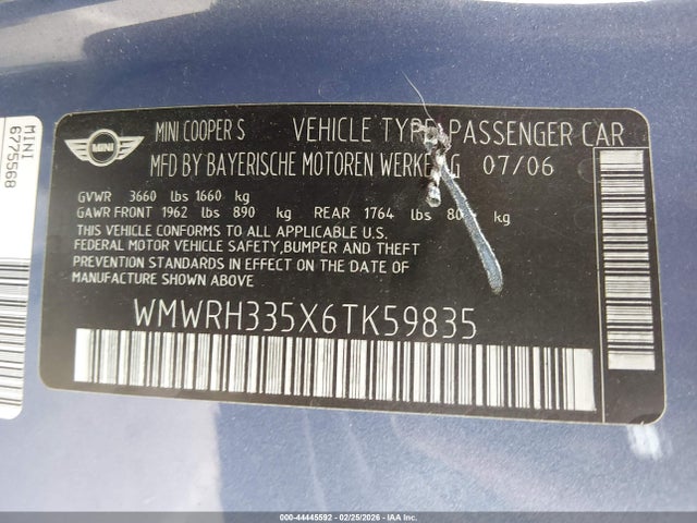 2006 MINI COOPER S WMWRH335X6TK59835 Photo 8