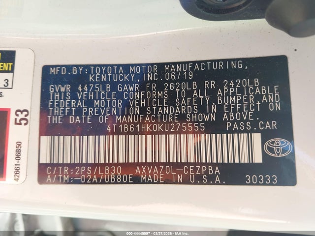 4T1B61HK0KU275555 Toyota CAMRY XSE