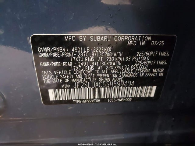 Продаж на аукціоні авто 2025 Subaru Forester, vin: JF2SLDAC5SH599404, номер лоту: 44445642