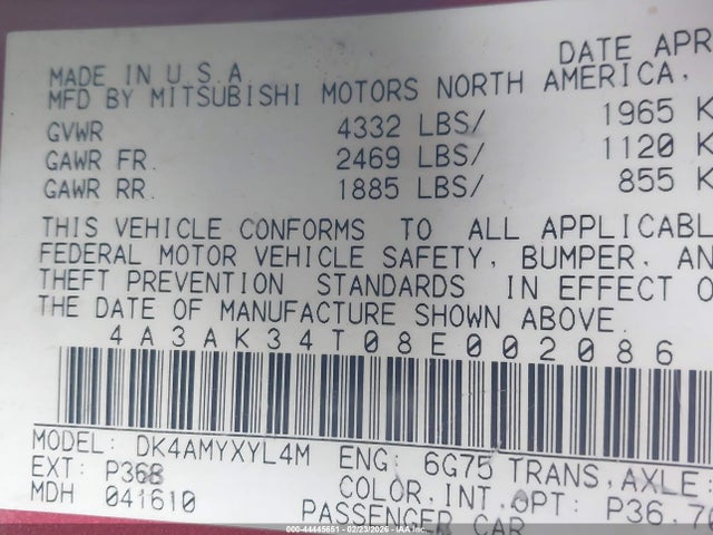 2008 MITSUBISHI ECLIPSE 4A3AK34T08E002086 Photo 8