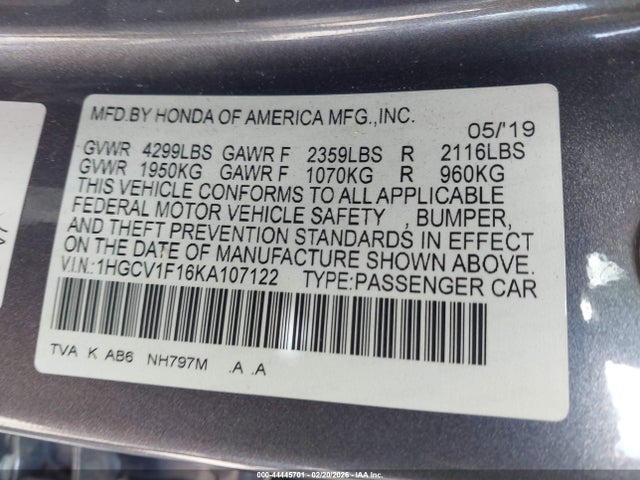 1HGCV1F16KA107122 Honda ACCORD LX