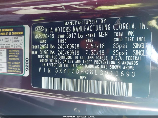 Aukcja sprzedaży 2020 Kia Telluride Ex, vin: 5XYP3DHC8LG011693, numer aukcji: 44445706