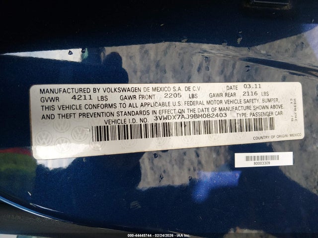 2011 Volkswagen Jetta 2.5l Se მანქანა იყიდება აუქციონზე, vin: 3VWDX7AJ9BM082403, აუქციონის ნომერი: 44445744