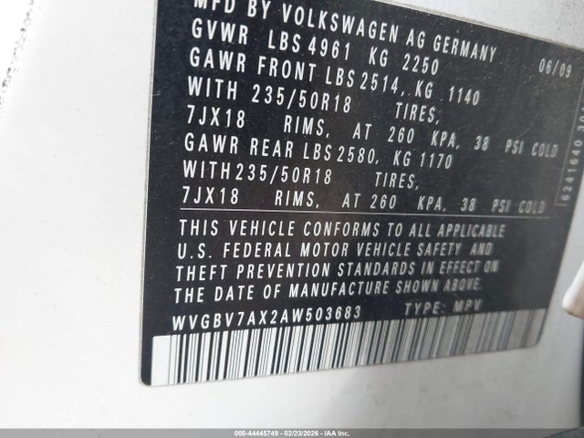 44445749 :رقم المزاد ، WVGBV7AX2AW503683 vin ، 2010 Volkswagen Tiguan Se مزاد بيع