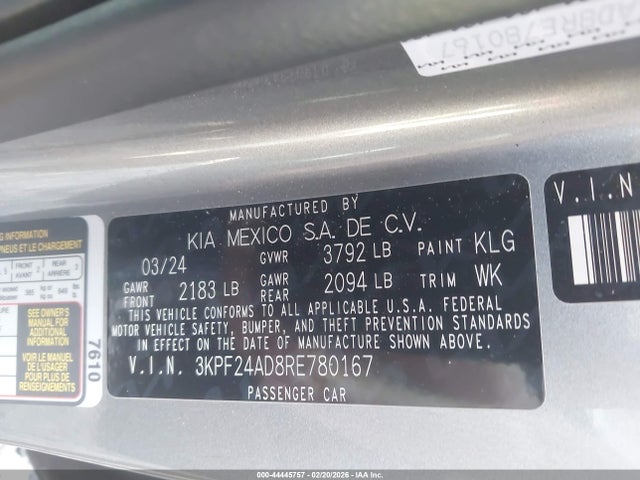 3KPF24AD8RE780167 KIA Forte Lxs