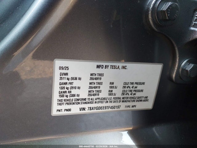 44445758 :رقم المزاد ، 7SAYGDEE9TF450197 vin ، 2026 Tesla Model Y مزاد بيع