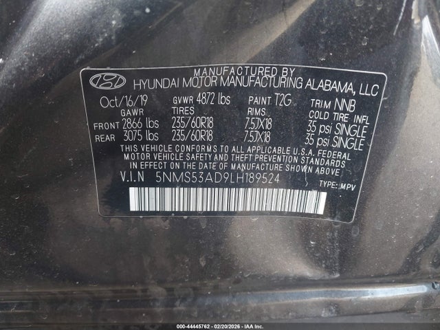 Aukcja sprzedaży 2020 Hyundai Santa Fe Limited, vin: 5NMS53AD9LH189524, numer aukcji: 44445762