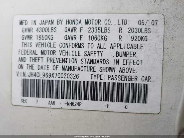 Продажа на аукционе авто 2007 Acura Tsx, vin: JH4CL969X7C020326, номер лота: 44445769