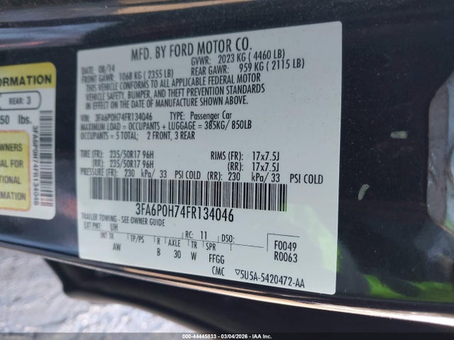 Aukcja sprzedaży 2015 Ford Fusion Se, vin: 3FA6P0H74FR134046, numer aukcji: 44445833
