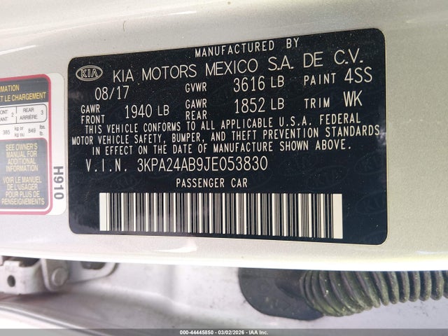 3KPA24AB9JE053830 KIA RIO S