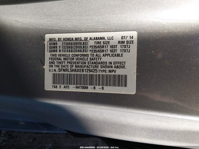 5FNRL5H6XEB129425 Honda Odyssey Ex-l