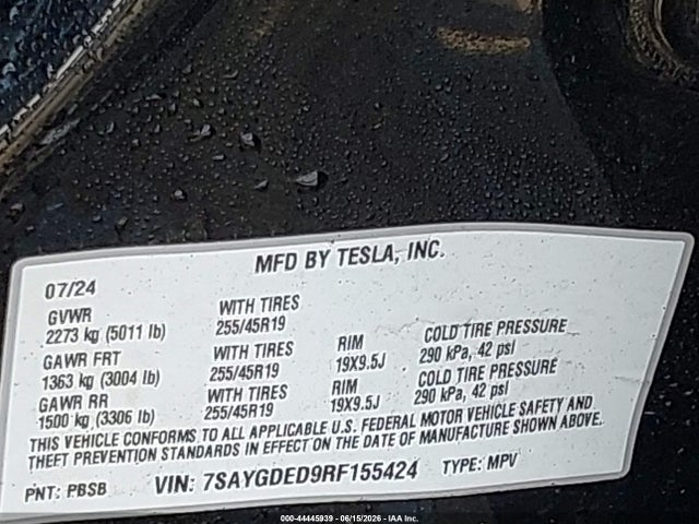 Aukcja sprzedaży 2024 Tesla Model Y, vin: 7SAYGDED9RF155424, numer aukcji: 44445939