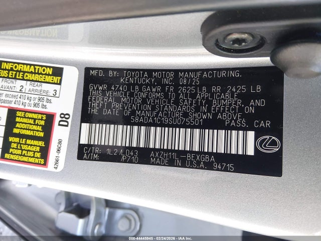 44445945 :رقم المزاد ، 58ADA1C19SU075501 vin ، 2025 Lexus Es 300h مزاد بيع