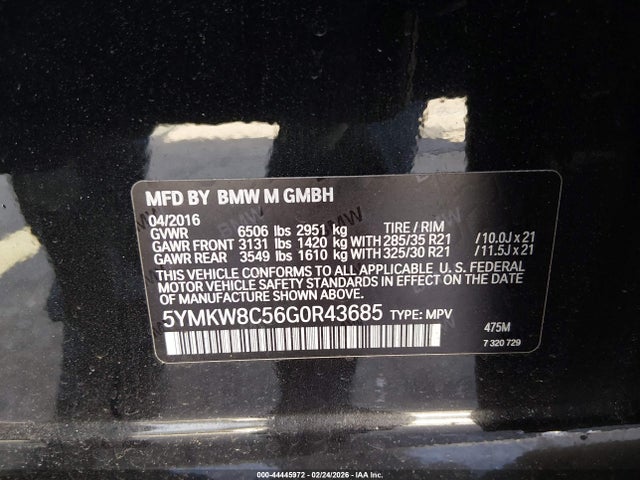 44445972 :رقم المزاد ، 5YMKW8C56G0R43685 vin ، 2016 Bmw X6 M مزاد بيع