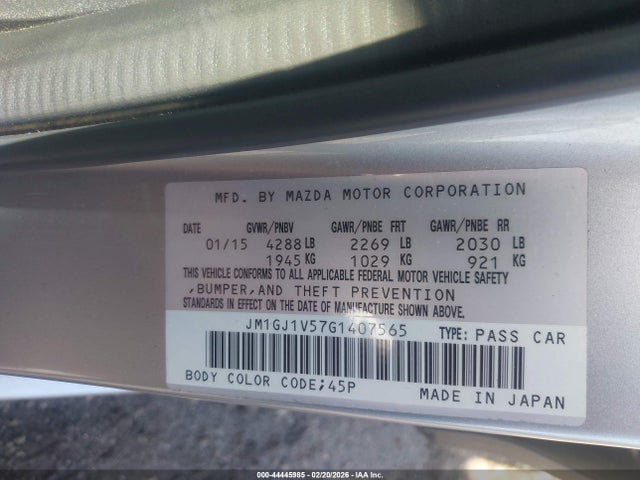 Aukcja sprzedaży 2016 Mazda Mazda6 I Touring, vin: JM1GJ1V57G1407565, numer aukcji: 44445985