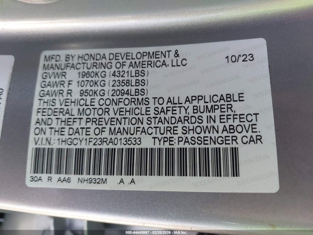 44445997 :رقم المزاد ، 1HGCY1F23RA013533 vin ، 2024 Honda Accord Lx مزاد بيع