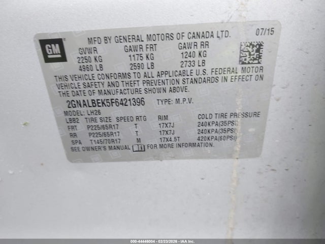 Chevrolet EQUINOX 1LT 2015 2GNALBEK5F6421396 Image 9