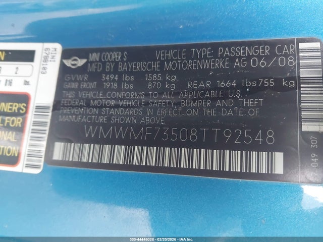 2008 MINI COOPER S WMWMF73508TT92548 Photo 8