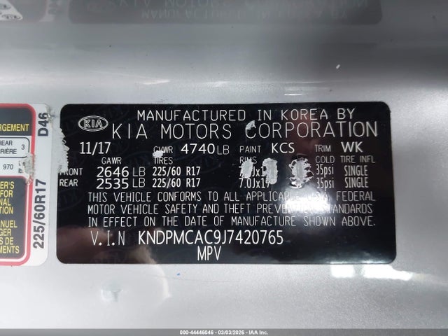Продаж на аукціоні авто 2018 Kia Sportage Lx, vin: KNDPMCAC9J7420765, номер лоту: 44446046