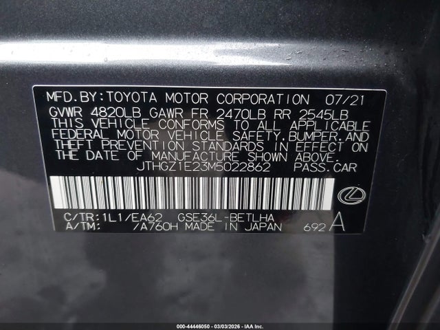 Aukcja sprzedaży 2021 Lexus Is 350 F Sport, vin: JTHGZ1E23M5022862, numer aukcji: 44446050