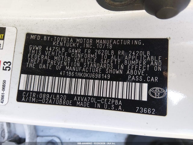 2019 TOYOTA CAMRY 4T1B61HK0KU698149 Photo 8