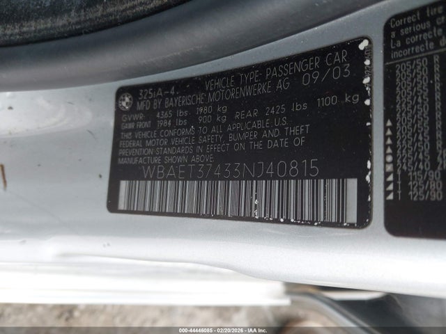 Aukcja sprzedaży 2003 Bmw 325i, vin: WBAET37433NJ40815, numer aukcji: 44446085