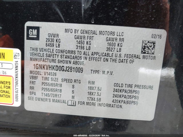 1GNKVHKD0GJ281009 Chevrolet Traverse 2lt