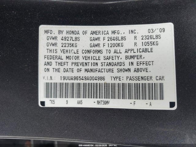 2009 Acura Tl 3.7 მანქანა იყიდება აუქციონზე, vin: 19UUA96549A004986, აუქციონის ნომერი: 44446104