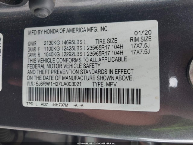 Продажа на аукционе авто 2020 Honda Cr-v 2wd Lx, vin: 5J6RW1H27LA003021, номер лота: 44446105
