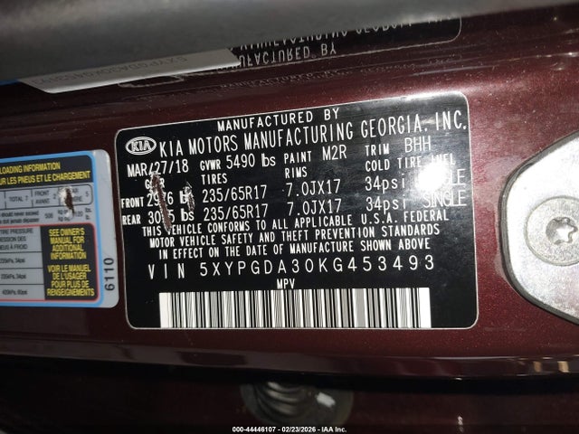 5XYPGDA30KG453493 KIA Sorento 2.4l Lx